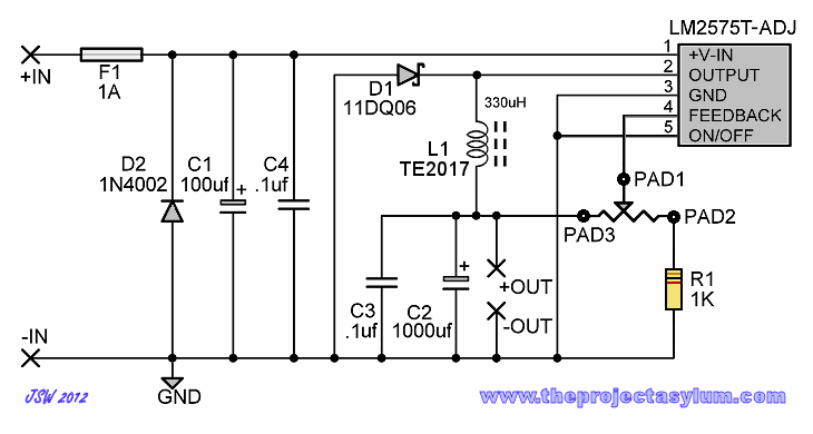 The LM2575 switching regulator circuit schematic drawing.