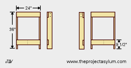 Mechanical drawing of workbench legs with attached side supports.